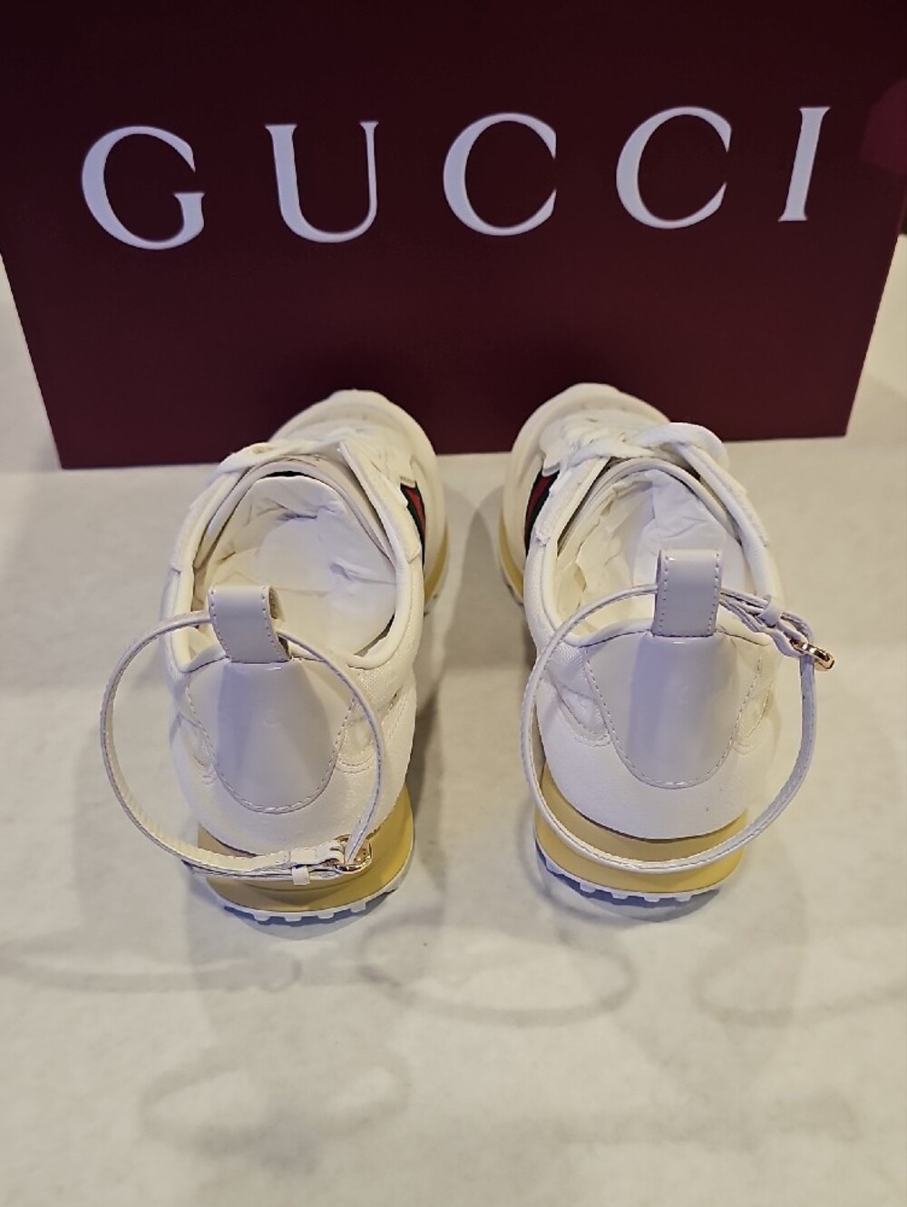 Gucci White Leather Sneakers with Green and Red Web Stripe and Yellow Heel - Picture 4 of 7